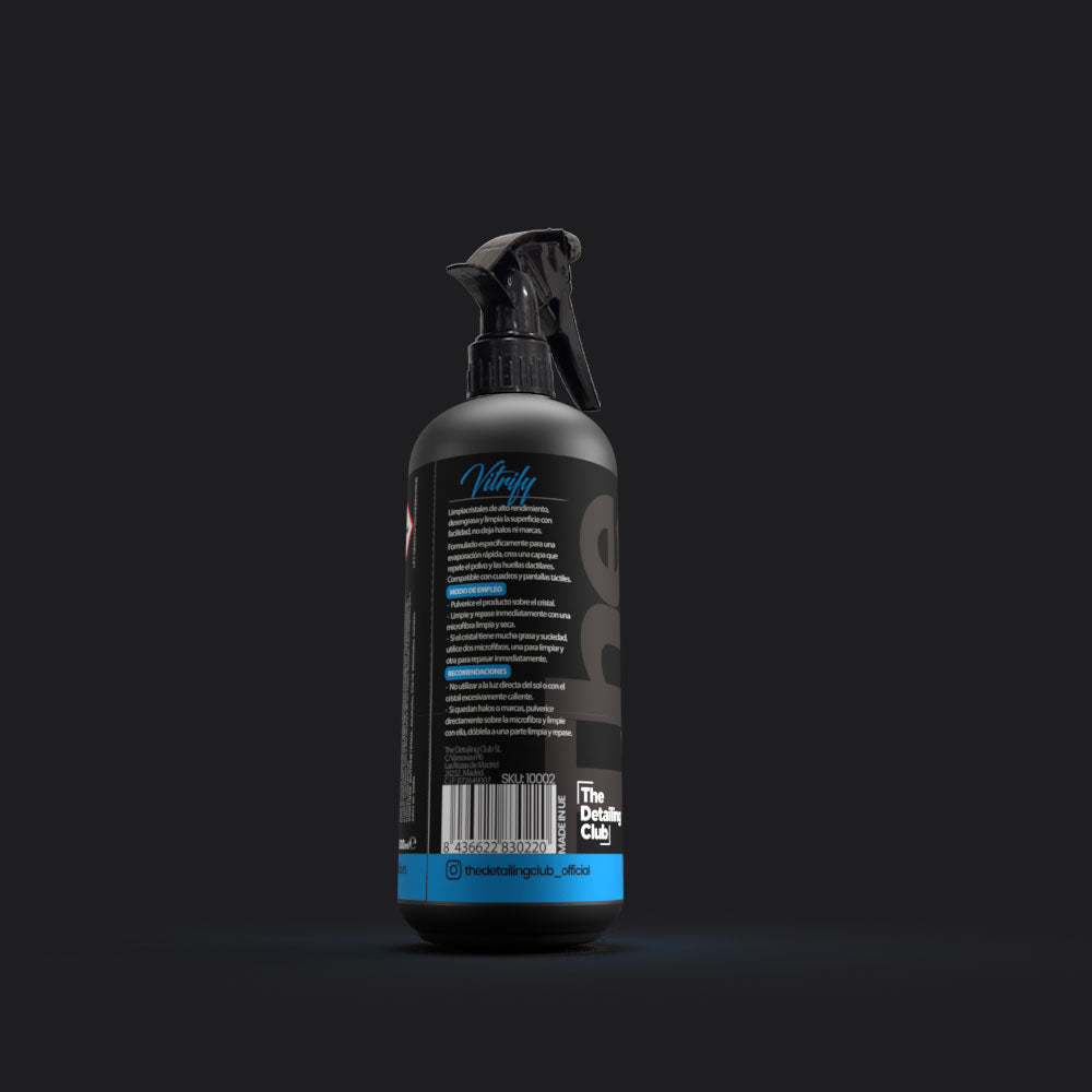 Instrucciones de uso del limpiacristales anti halos VITRIFY The Detailing Club